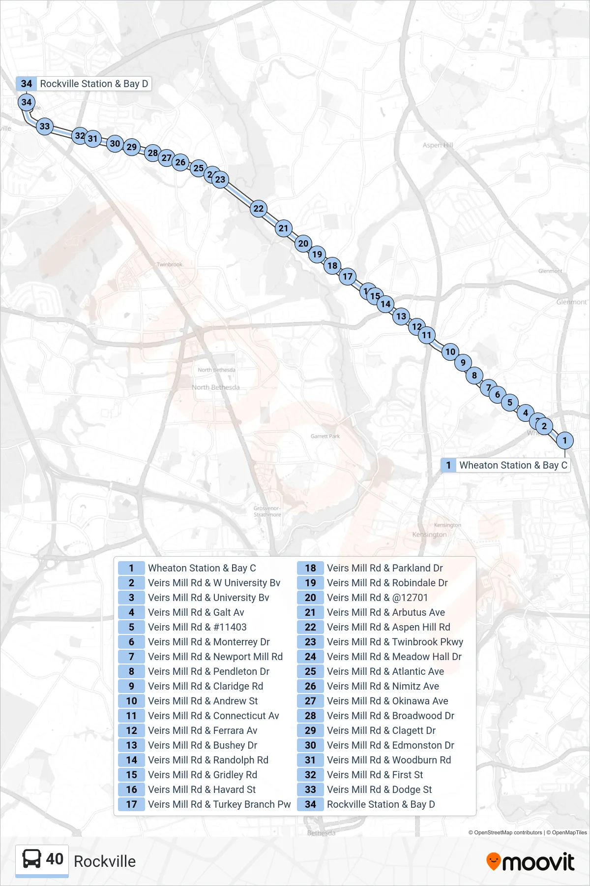 40 bus Line (Rockville) route and stops on a map