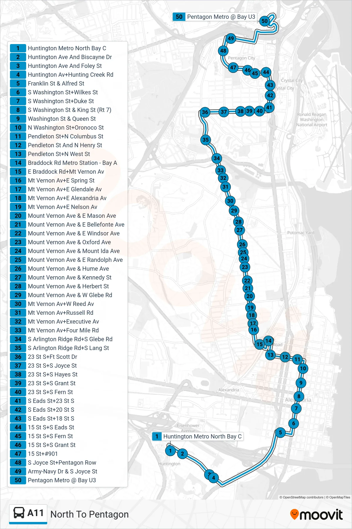 A11 bus Line (North To Pentagon) route and stops on a map