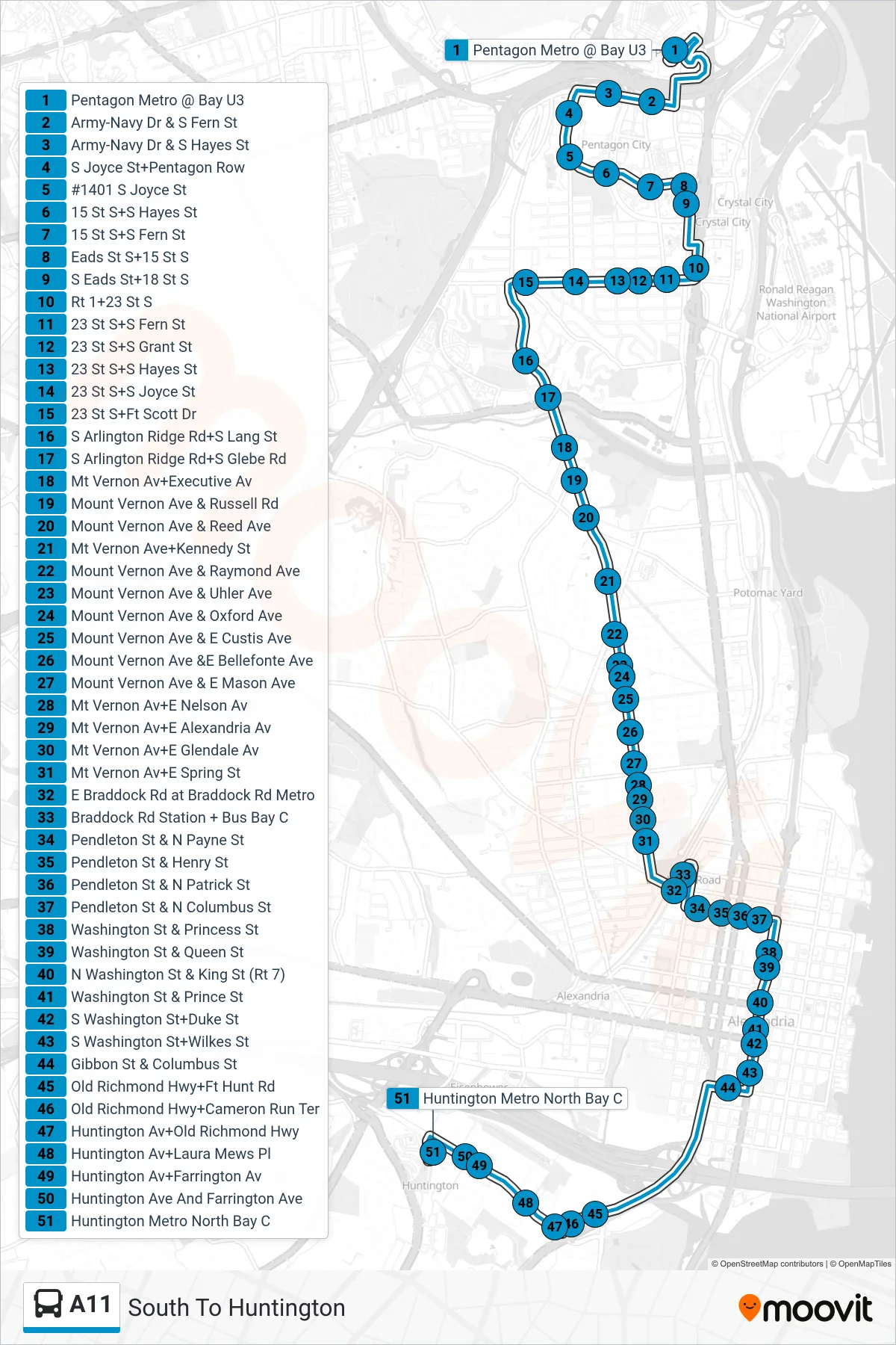 A11 bus Line (South To Huntington) route and stops on a map