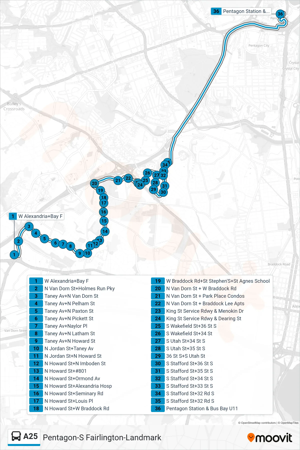 A25 bus Line (North To Pentagon) route and stops on a map