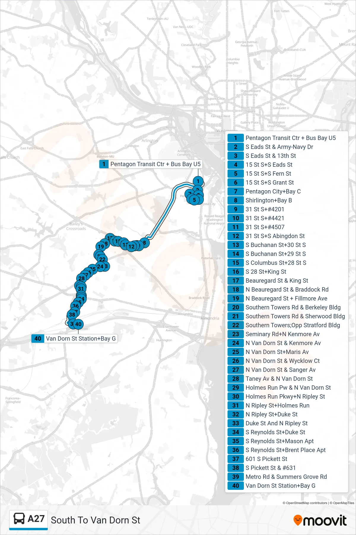 A27 bus Line (South To Van Dorn St) route and stops on a map