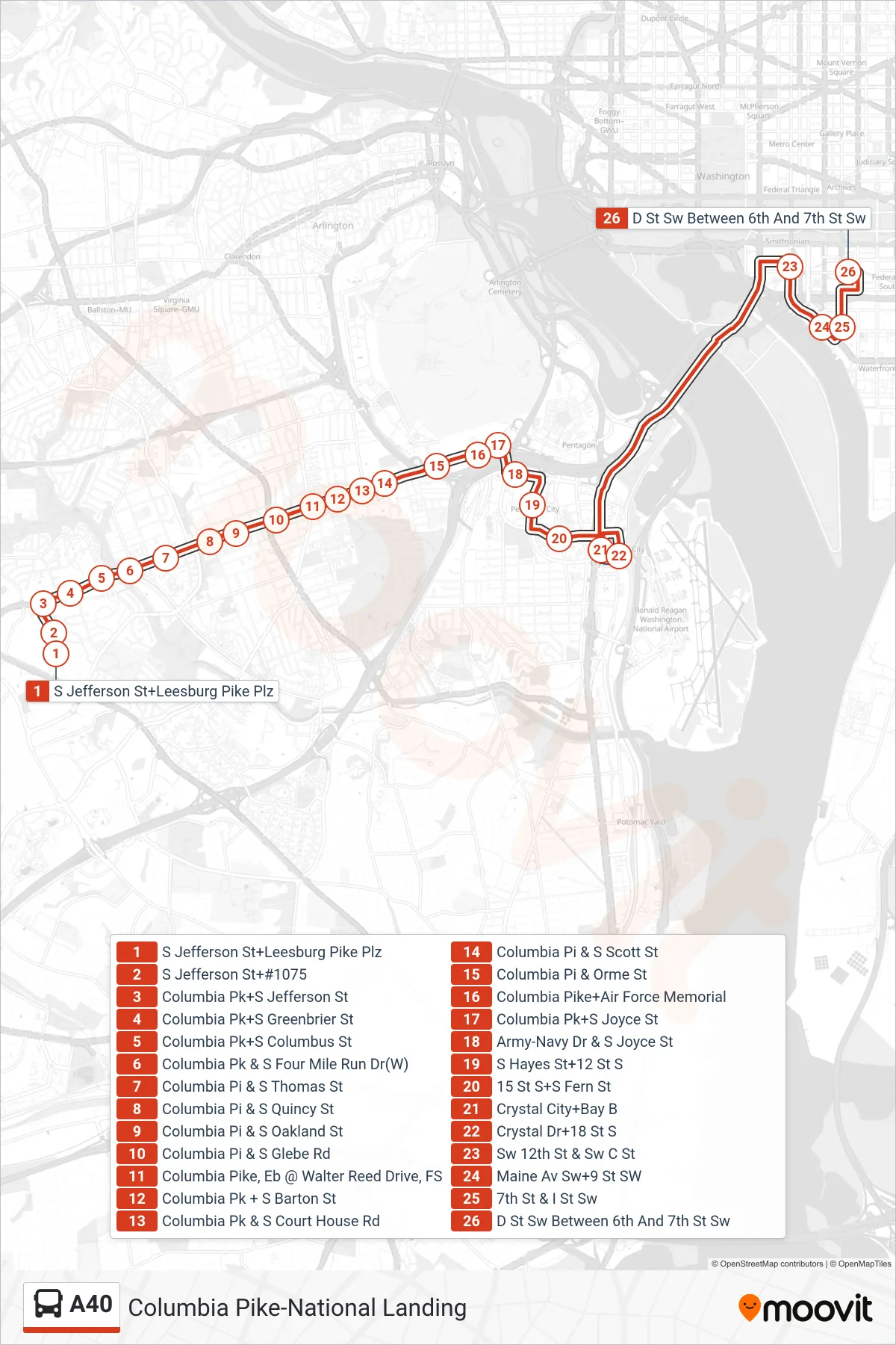 A40 bus Line (East To L'Enfant Plaza) route and stops on a map