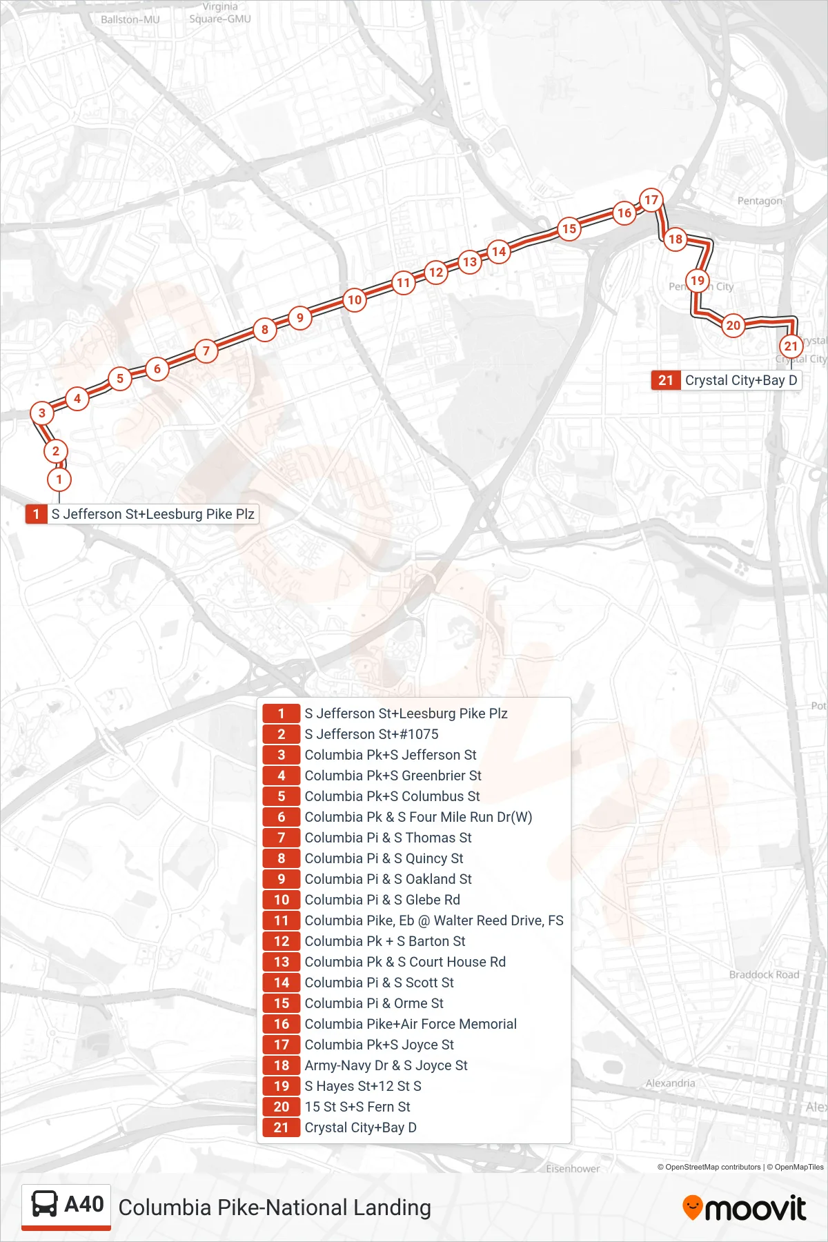 A40 bus Line (East To Crystal City) route and stops on a map