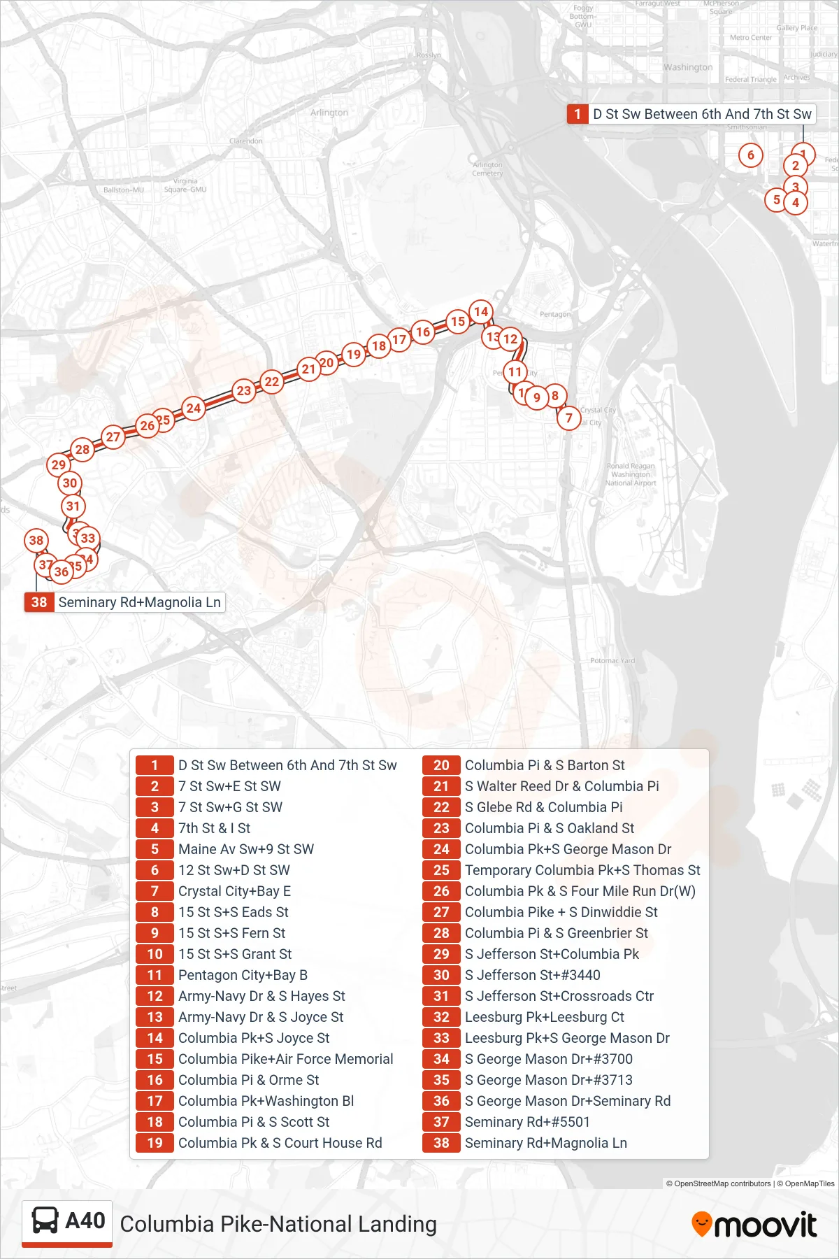 A40 bus Line (West To Skyline City) route and stops on a map