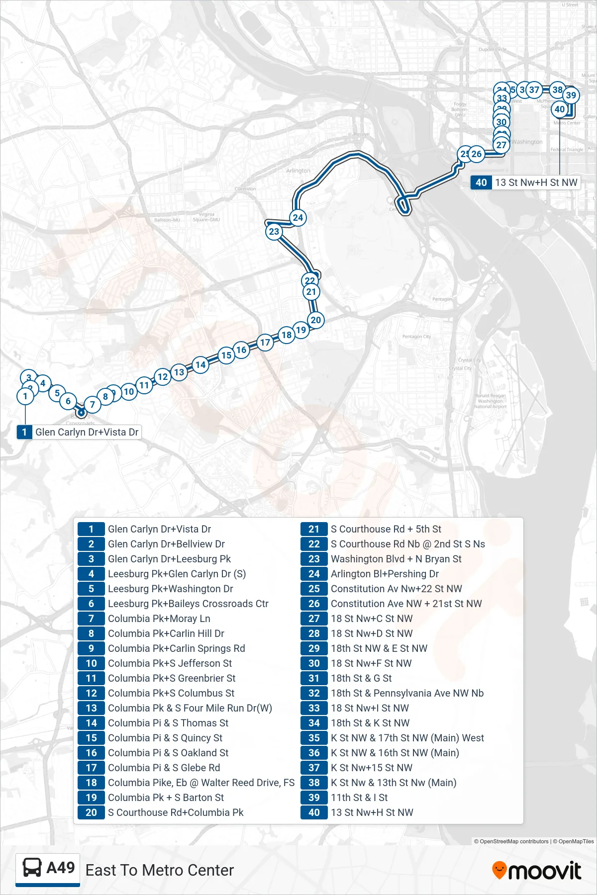 A49 bus Line (East To Metro Center) route and stops on a map