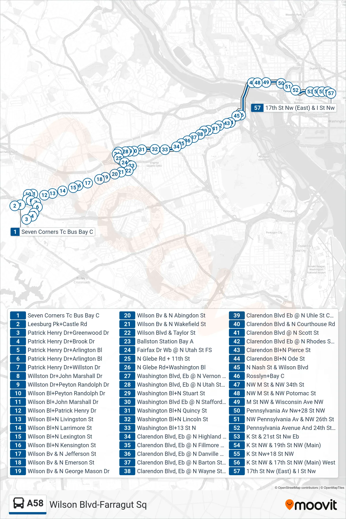 A58 bus Line (East To Farragut Sq) route and stops on a map