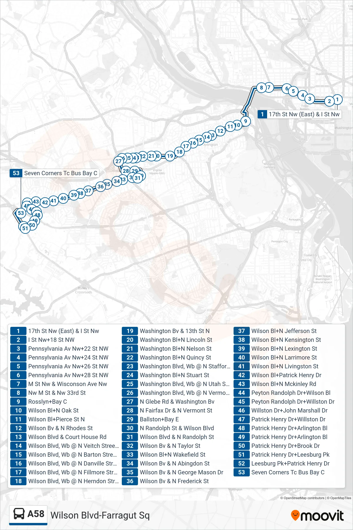 A58 bus Line (West To Seven Corners) route and stops on a map