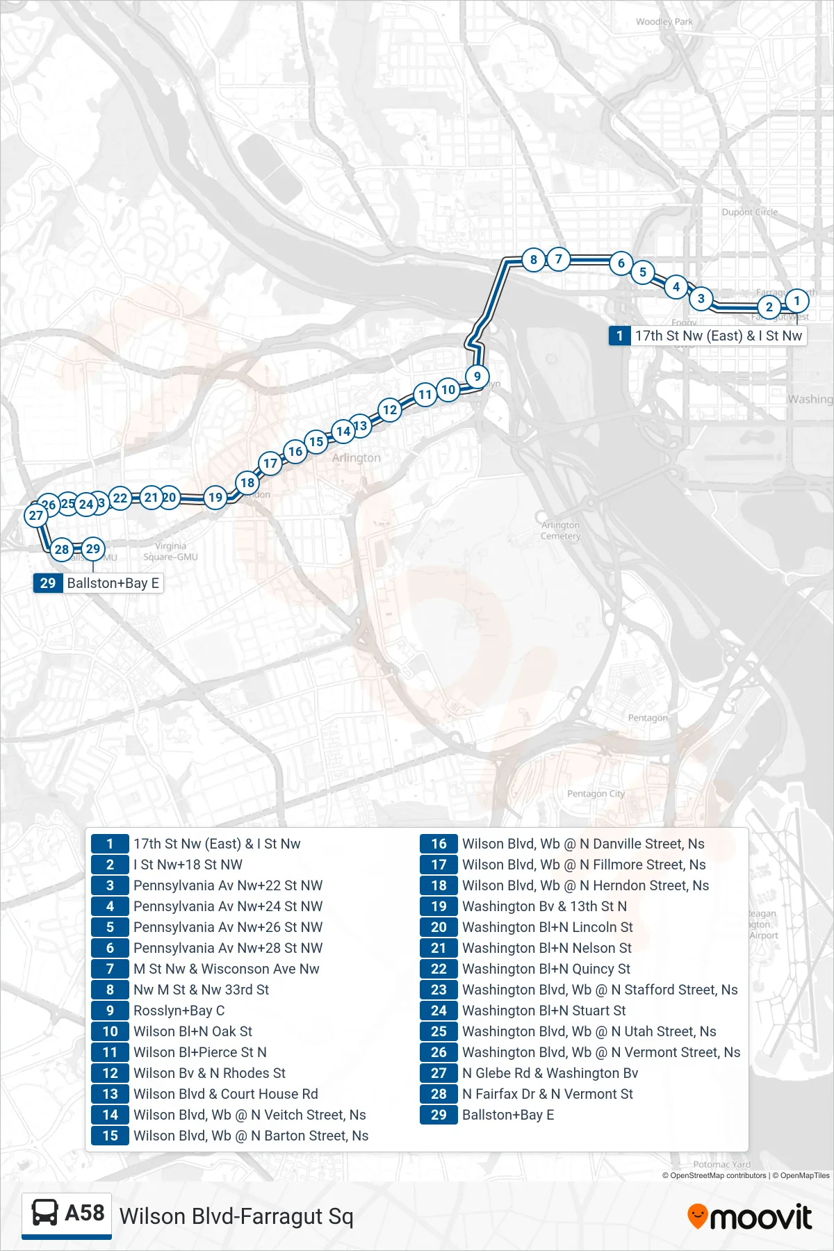 A58 bus Line (West To Ballston) route and stops on a map