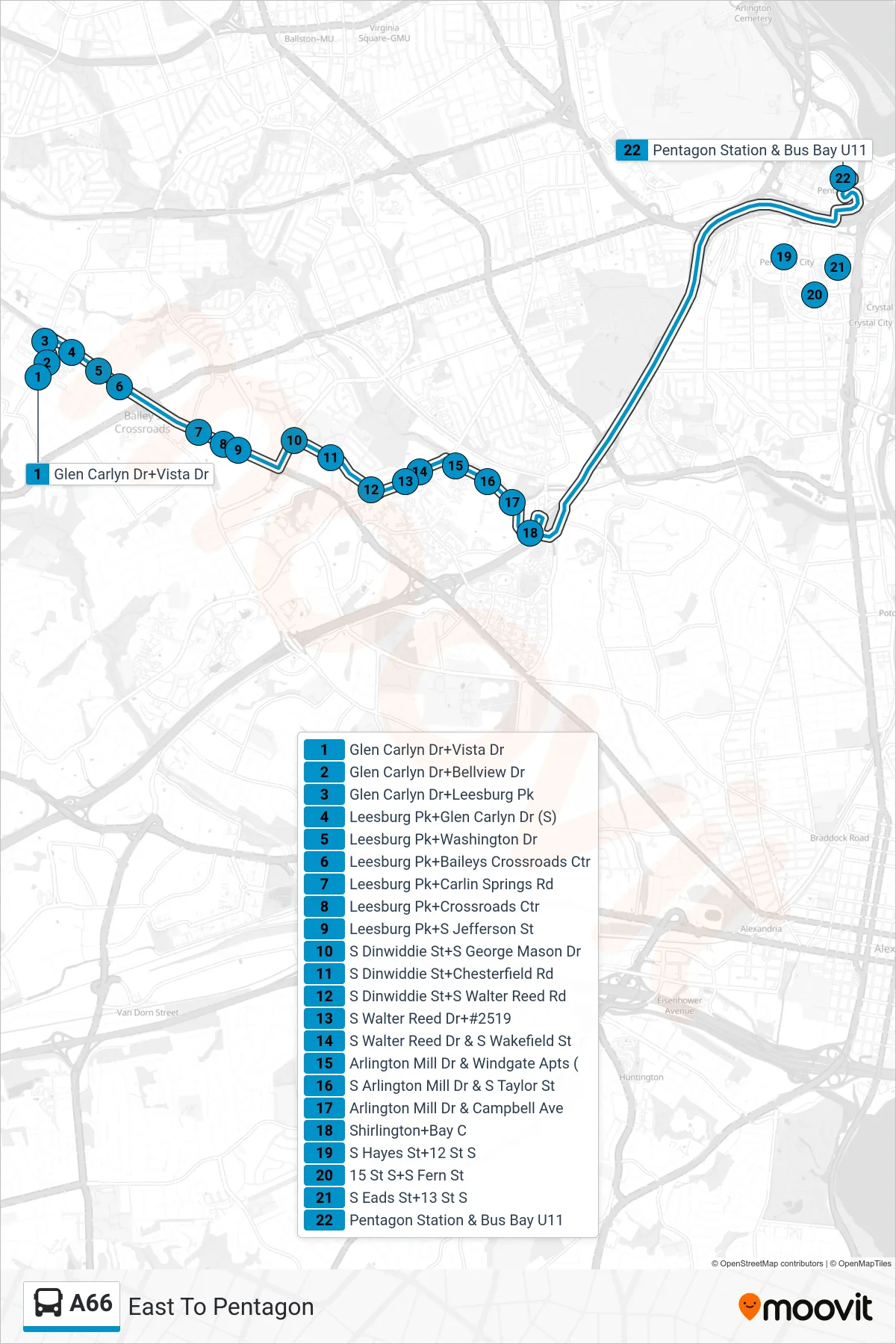 A66 bus Line (East To Pentagon) route and stops on a map