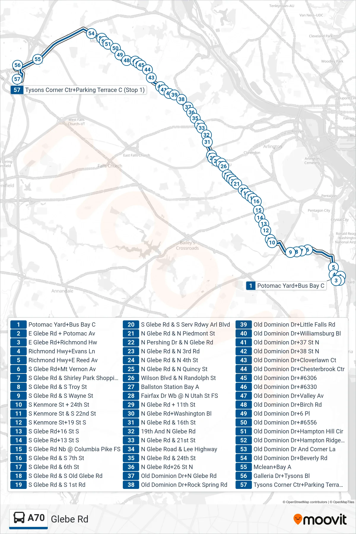 A70 bus Line (West To Tysons) route and stops on a map