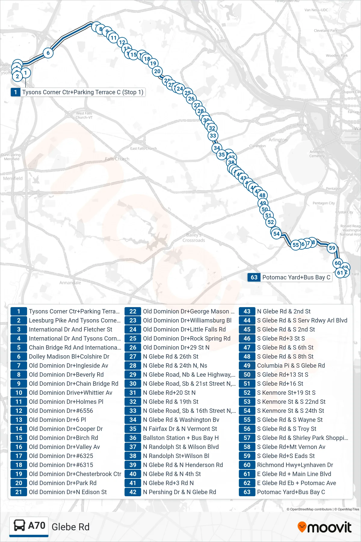 A70 bus Line (East To Potomac Yard) route and stops on a map