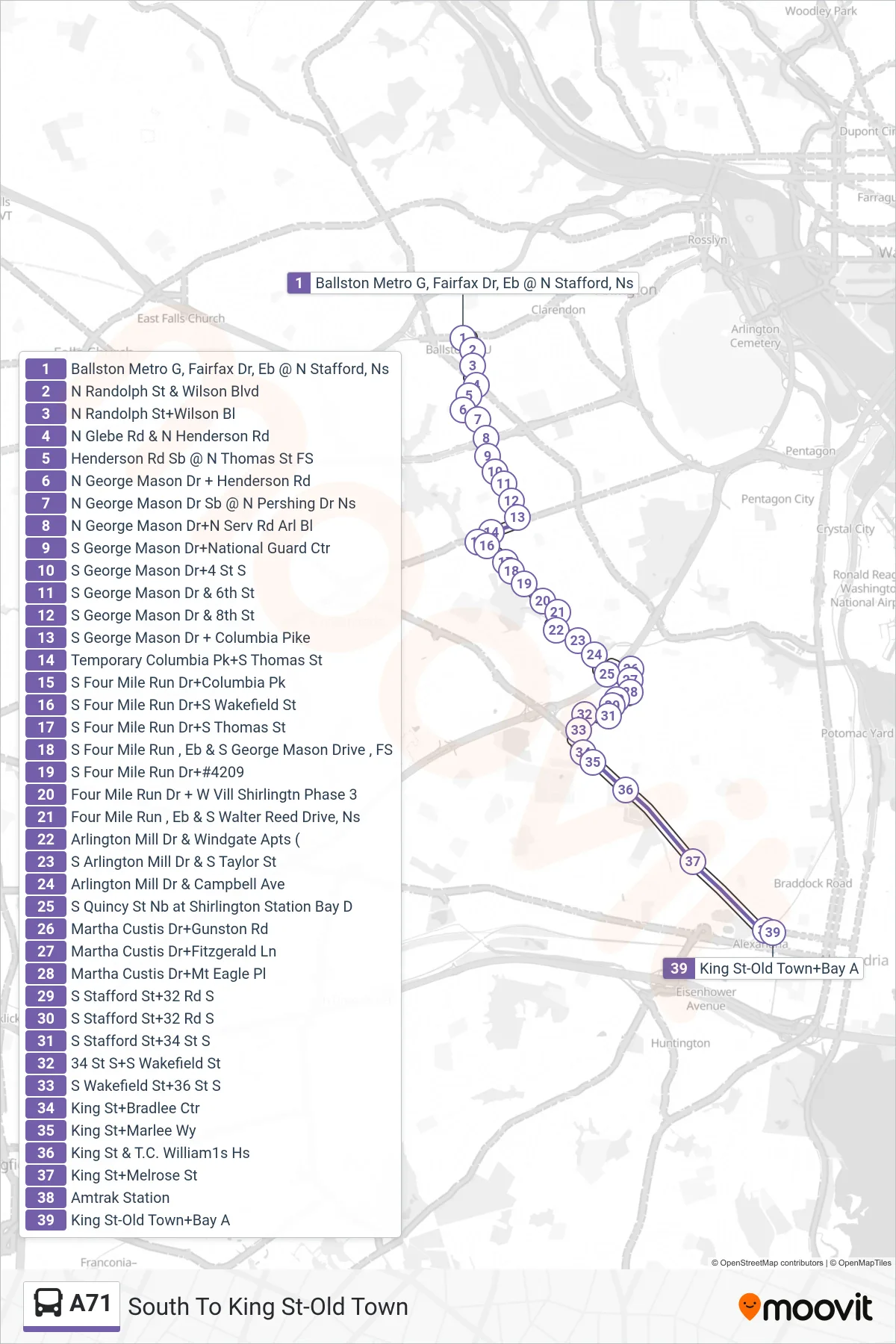 A71 bus Line (South To King St-Old Town) route and stops on a map