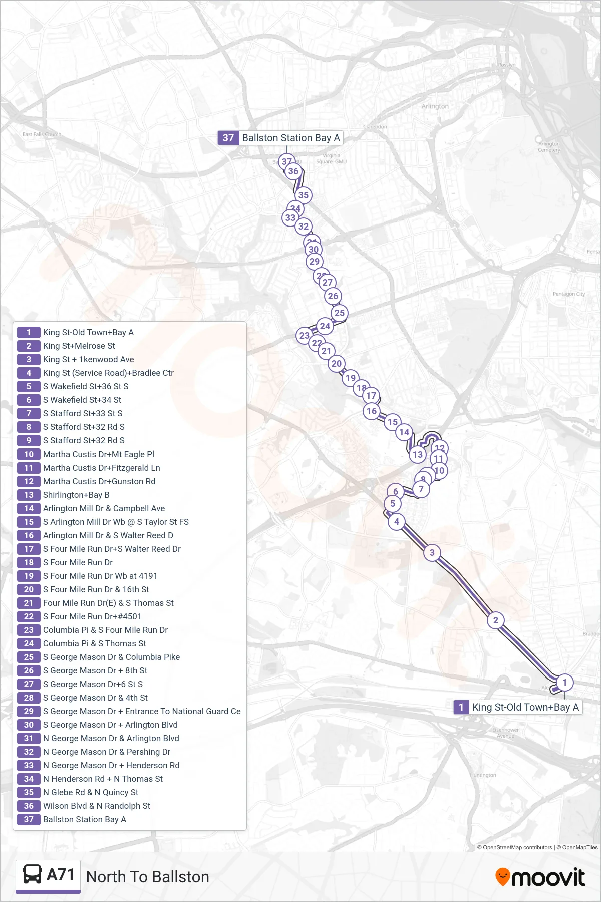 A71 bus Line (North To Ballston) route and stops on a map