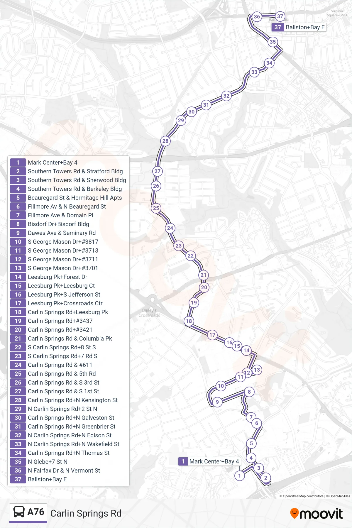 A76 bus Line (North To Ballston) route and stops on a map