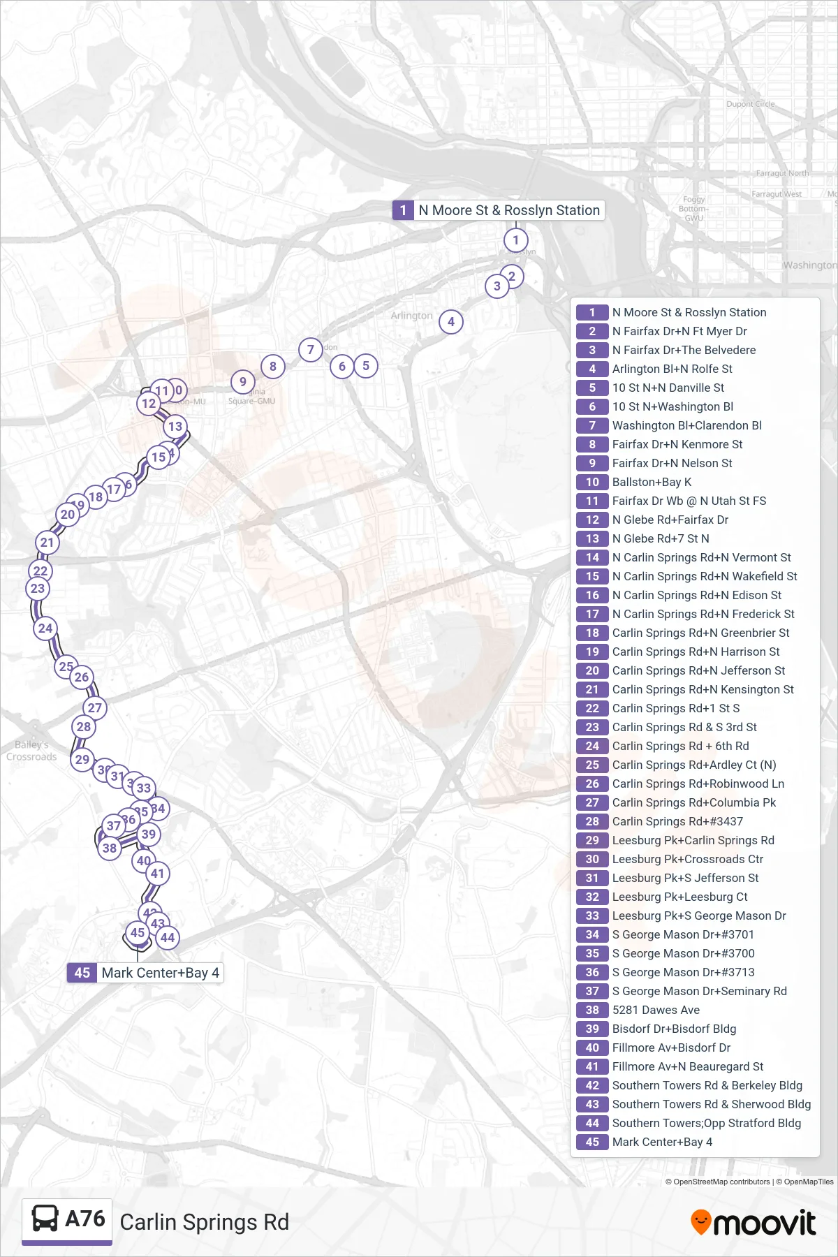 A76 bus Line (South To Mark Center) route and stops on a map
