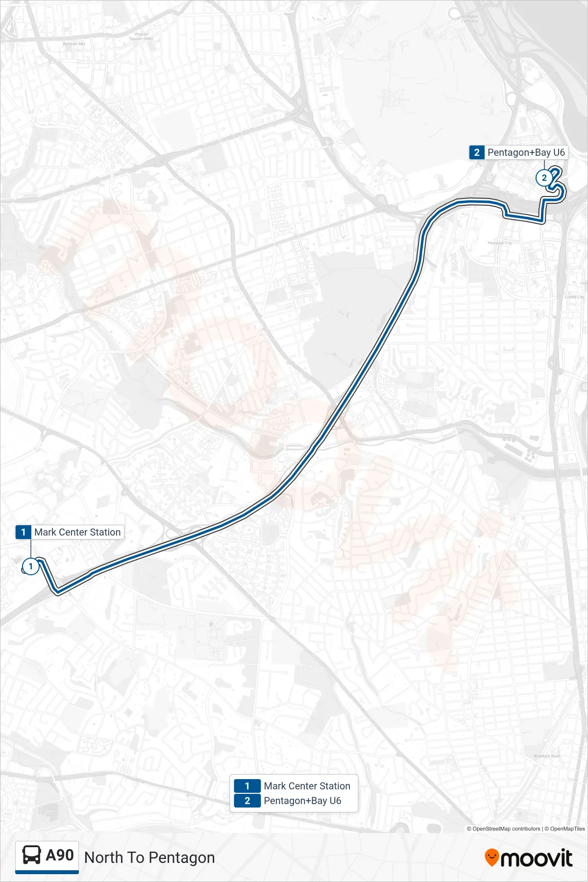 A90 bus Line (North To Pentagon) route and stops on a map