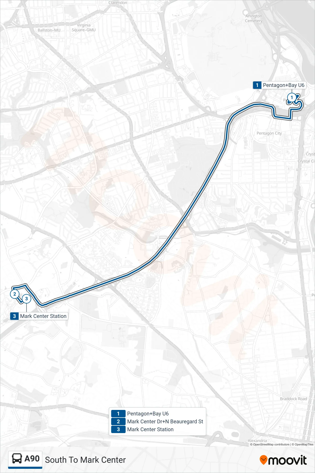 A90 bus Line (South To Mark Center) route and stops on a map