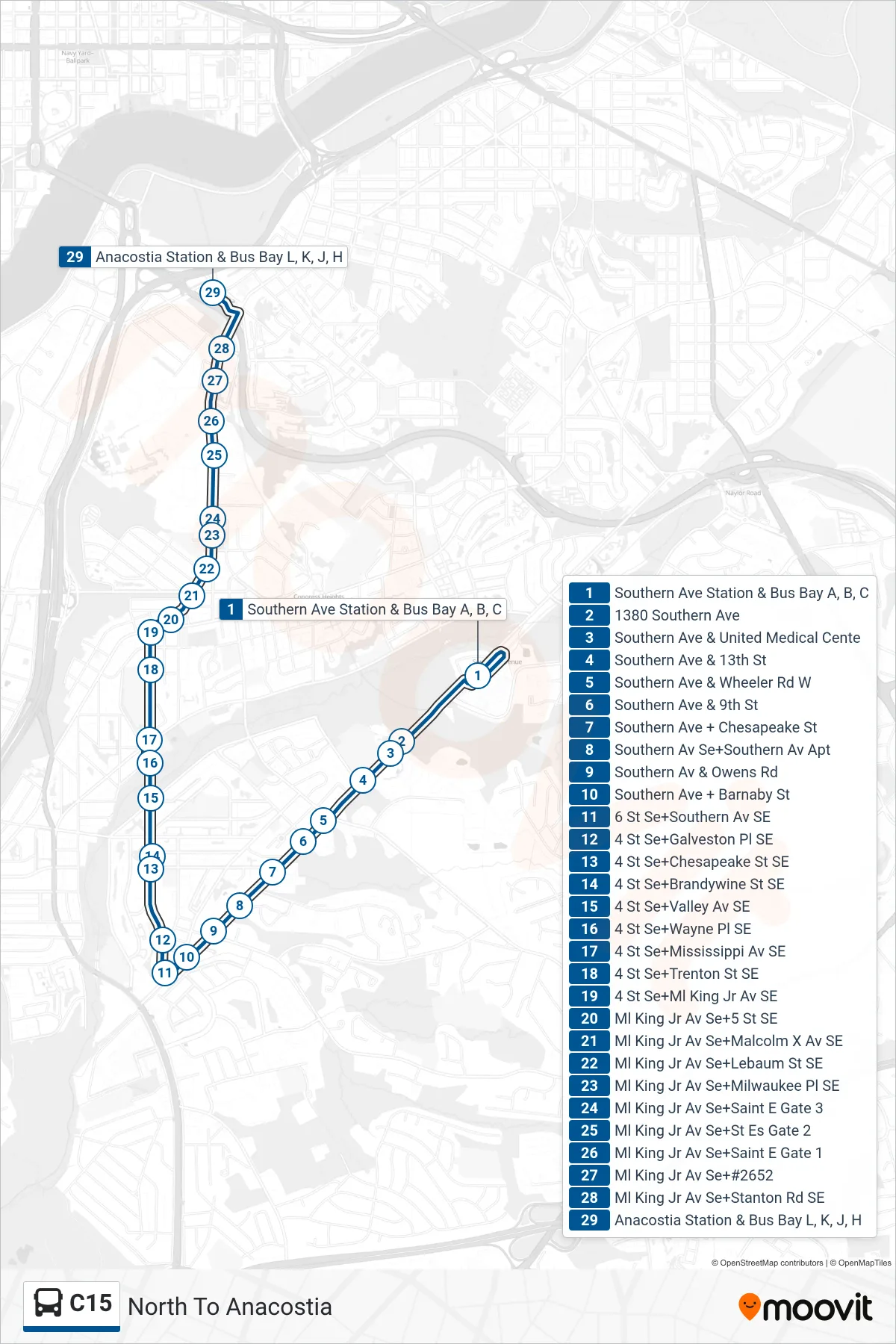 C15 bus Line (North To Anacostia) route and stops on a map