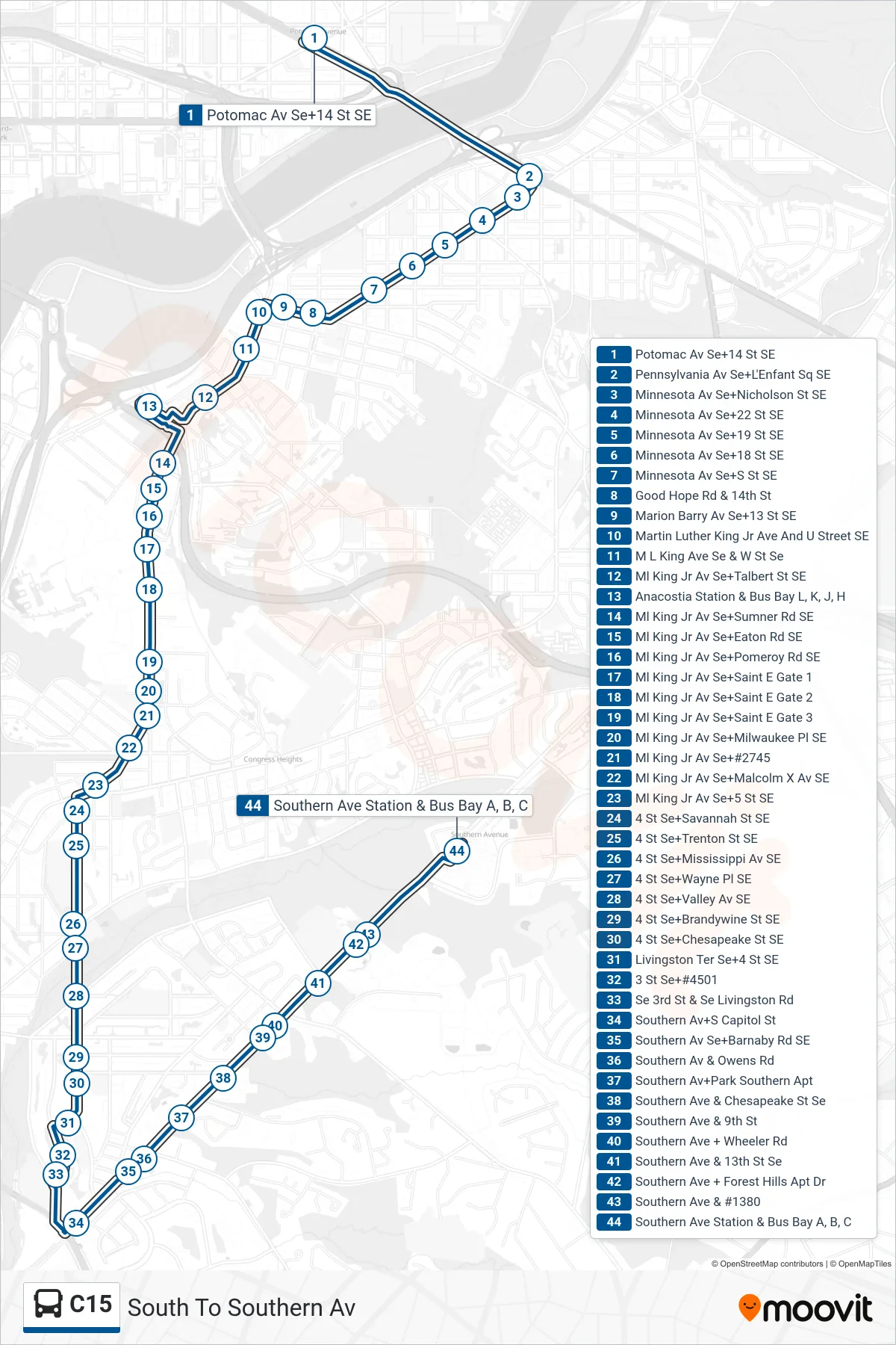 C15 bus Line (South To Southern Av) route and stops on a map
