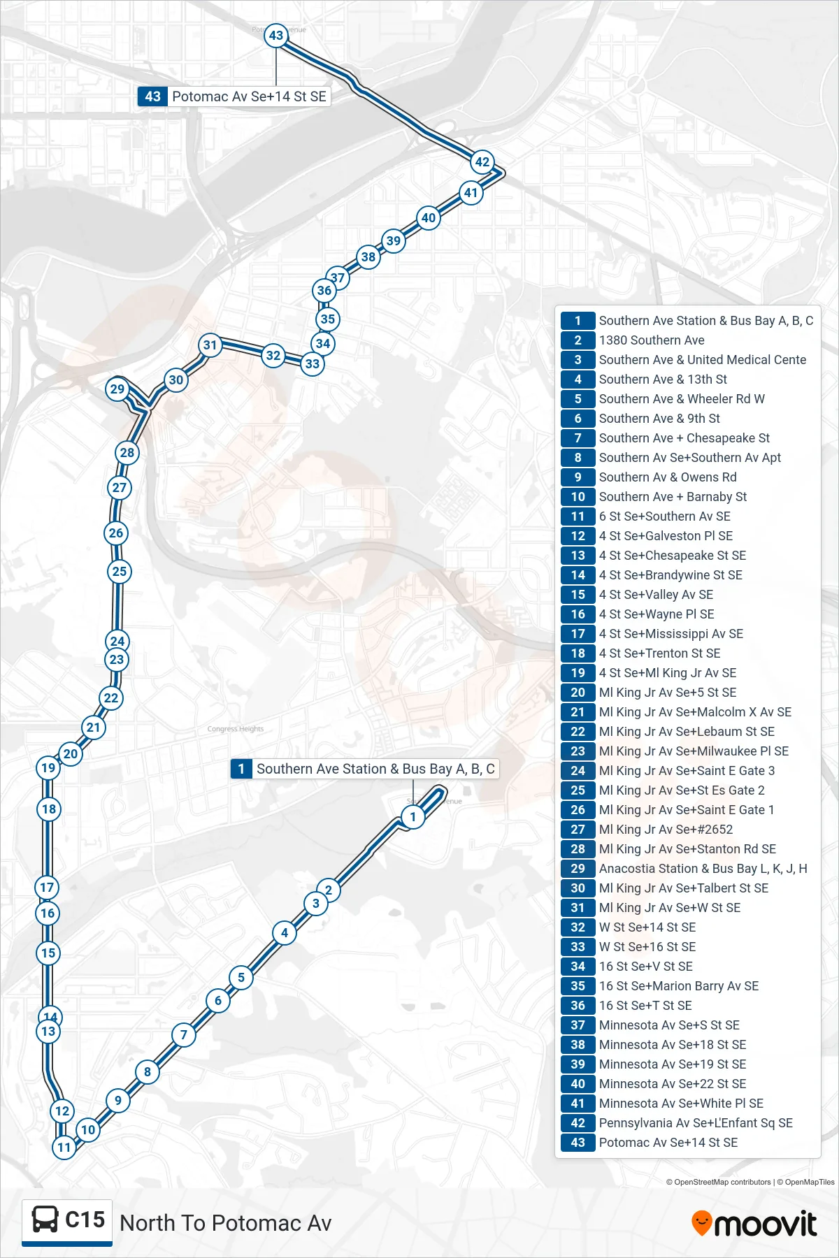 C15 bus Line (North To Potomac Av) route and stops on a map