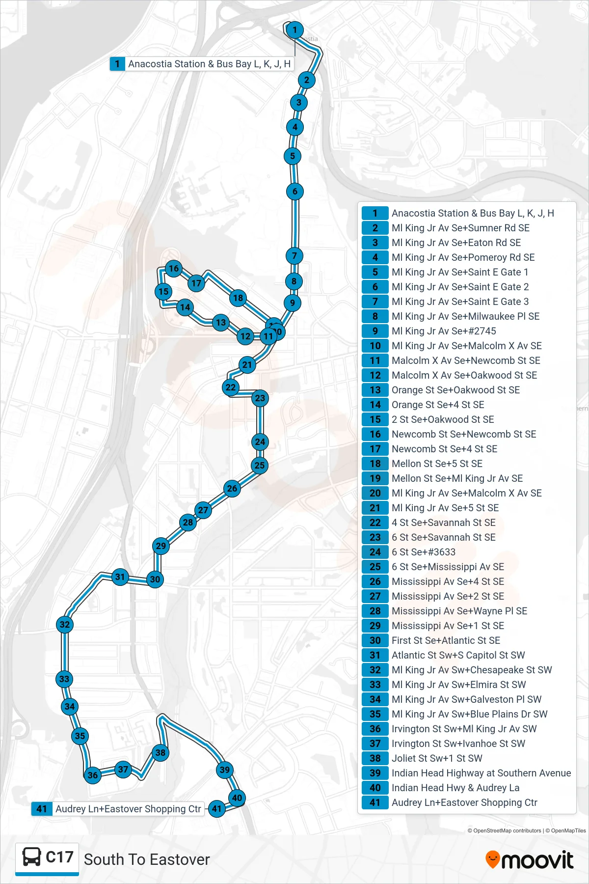 C17 bus Line (South To Eastover) route and stops on a map