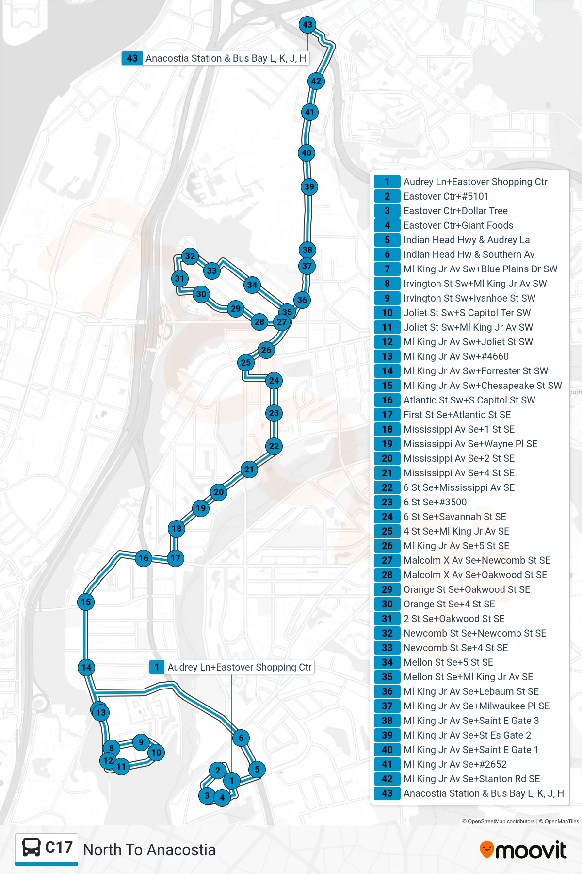 C17 bus Line (North To Anacostia) route and stops on a map
