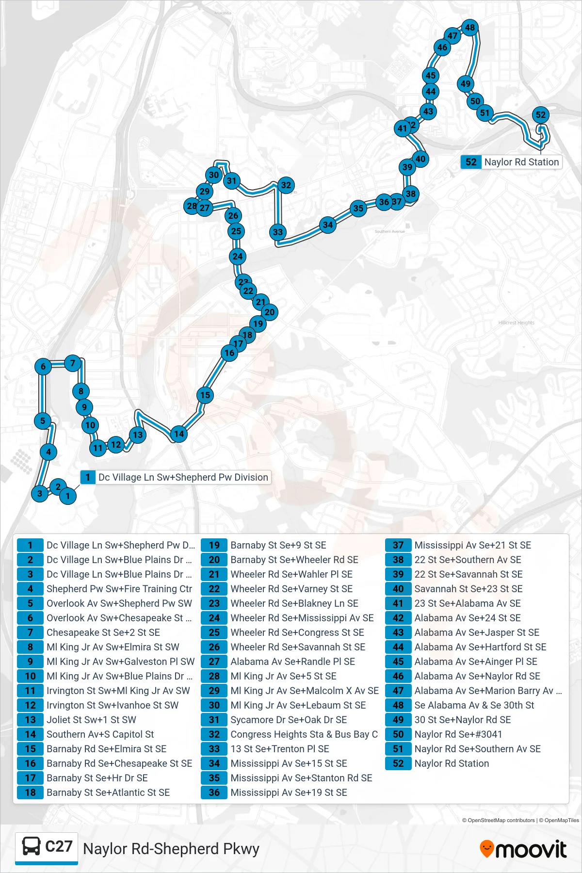 C27 bus Line (East To Naylor Rd) route and stops on a map