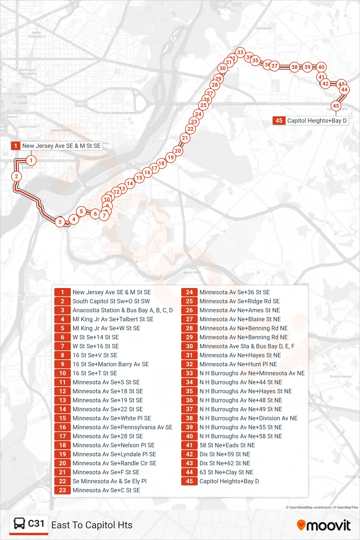 C31 bus Line (East To Capitol Hts) route and stops on a map