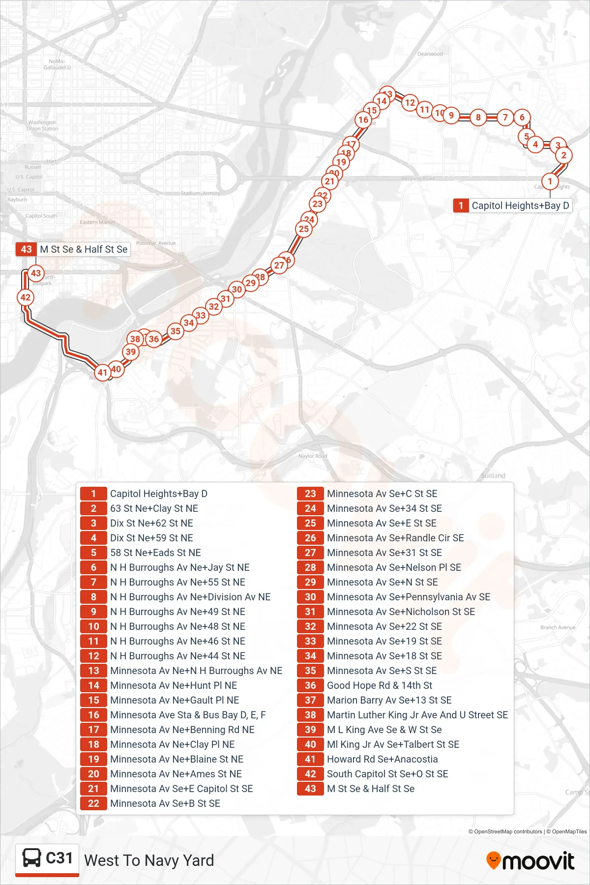 C31 bus Line (West To Navy Yard) route and stops on a map