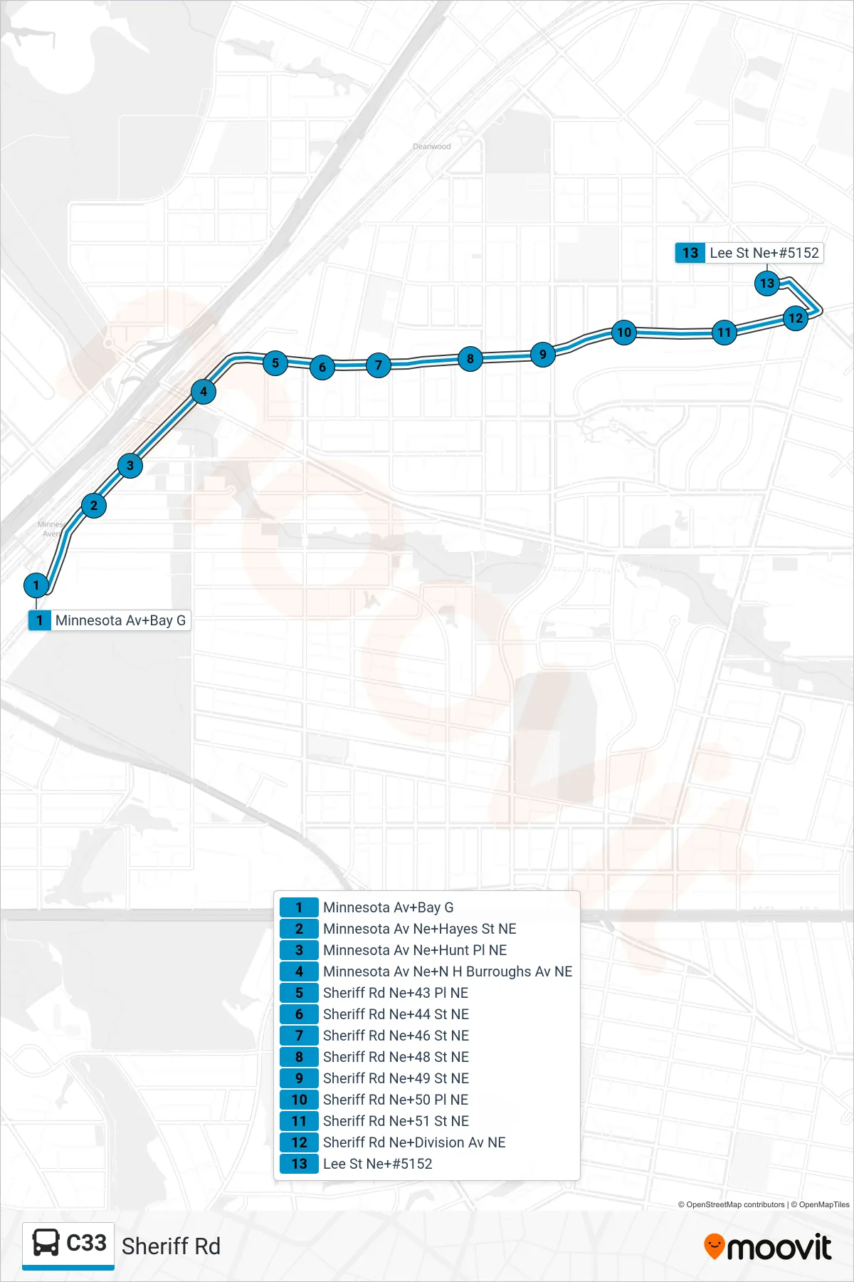 C33 bus Line (East To Sheriff Rd) route and stops on a map