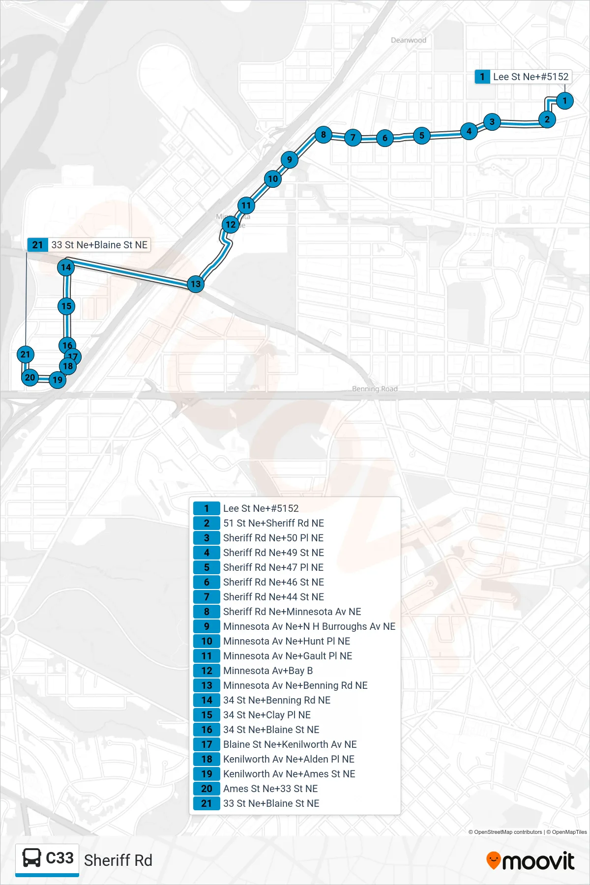 C33 bus Line (West To River Terrace) route and stops on a map