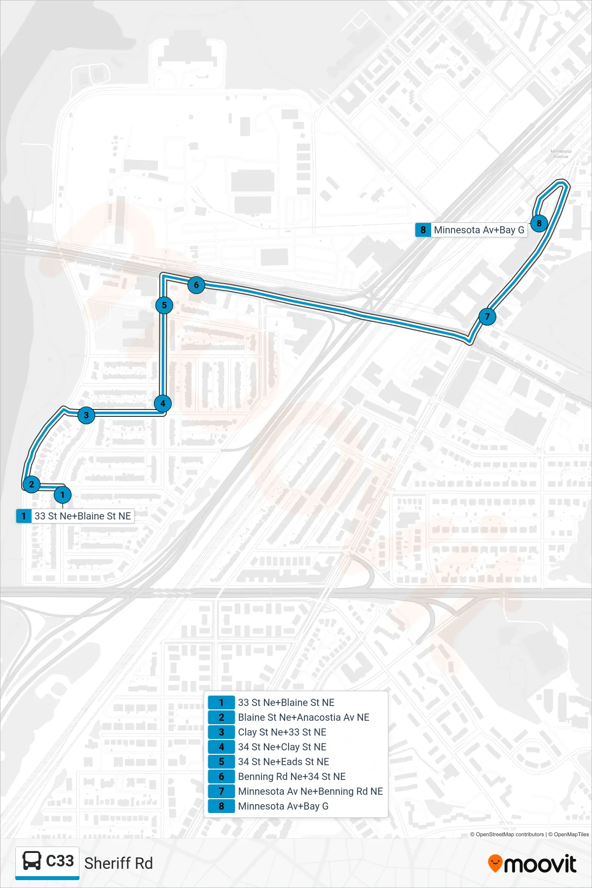 C33 bus Line (East To Minnesota Av) route and stops on a map