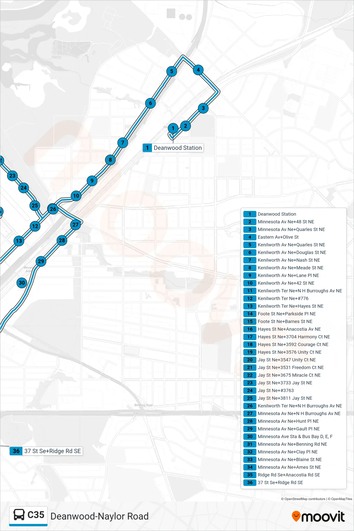 C35 bus Line (South To Fort Dupont) route and stops on a map