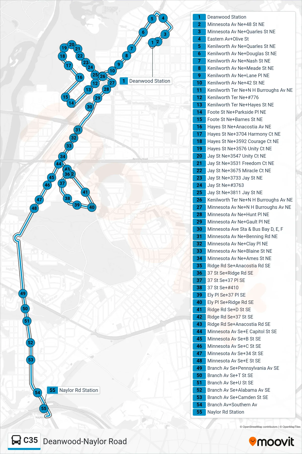 C35 bus Line (South To Naylor Rd) route and stops on a map