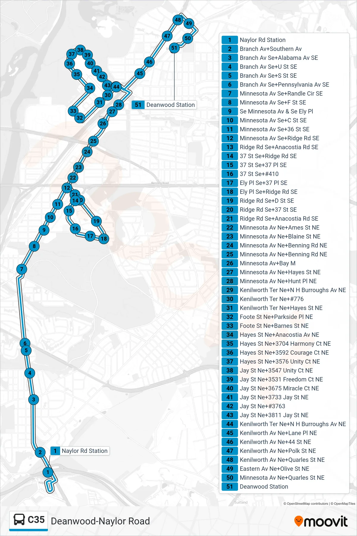 C35 bus Line (North To Deanwood) route and stops on a map