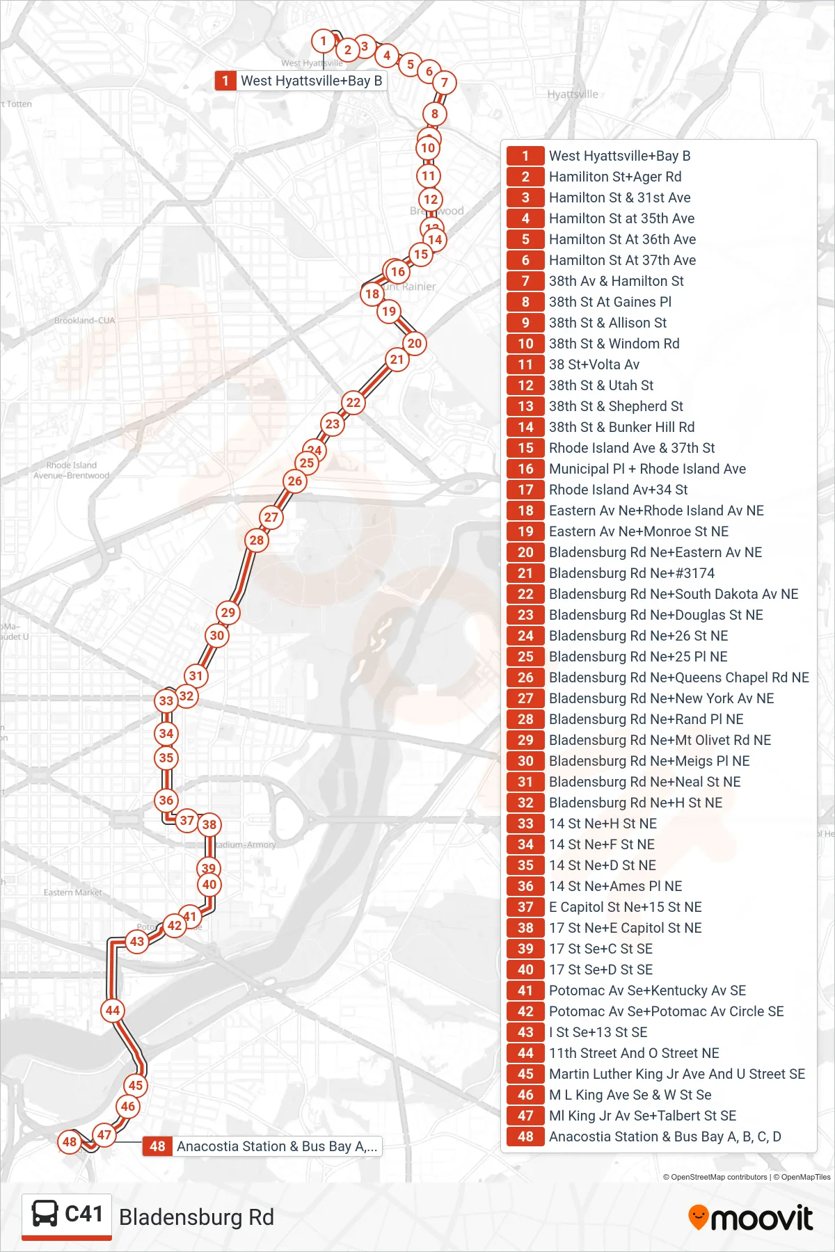 C41 bus Line (South To Anacostia) route and stops on a map