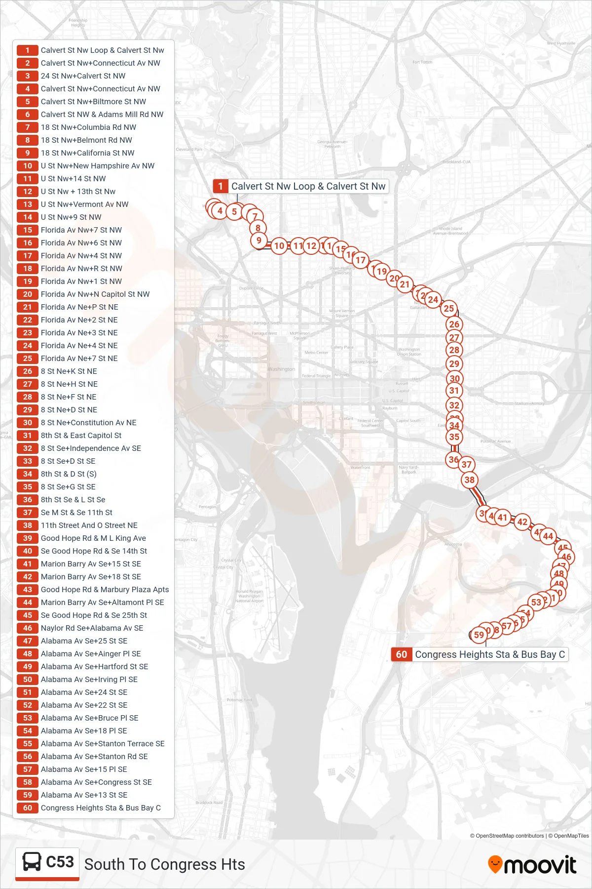 C53 bus Line (South To Congress Hts) route and stops on a map