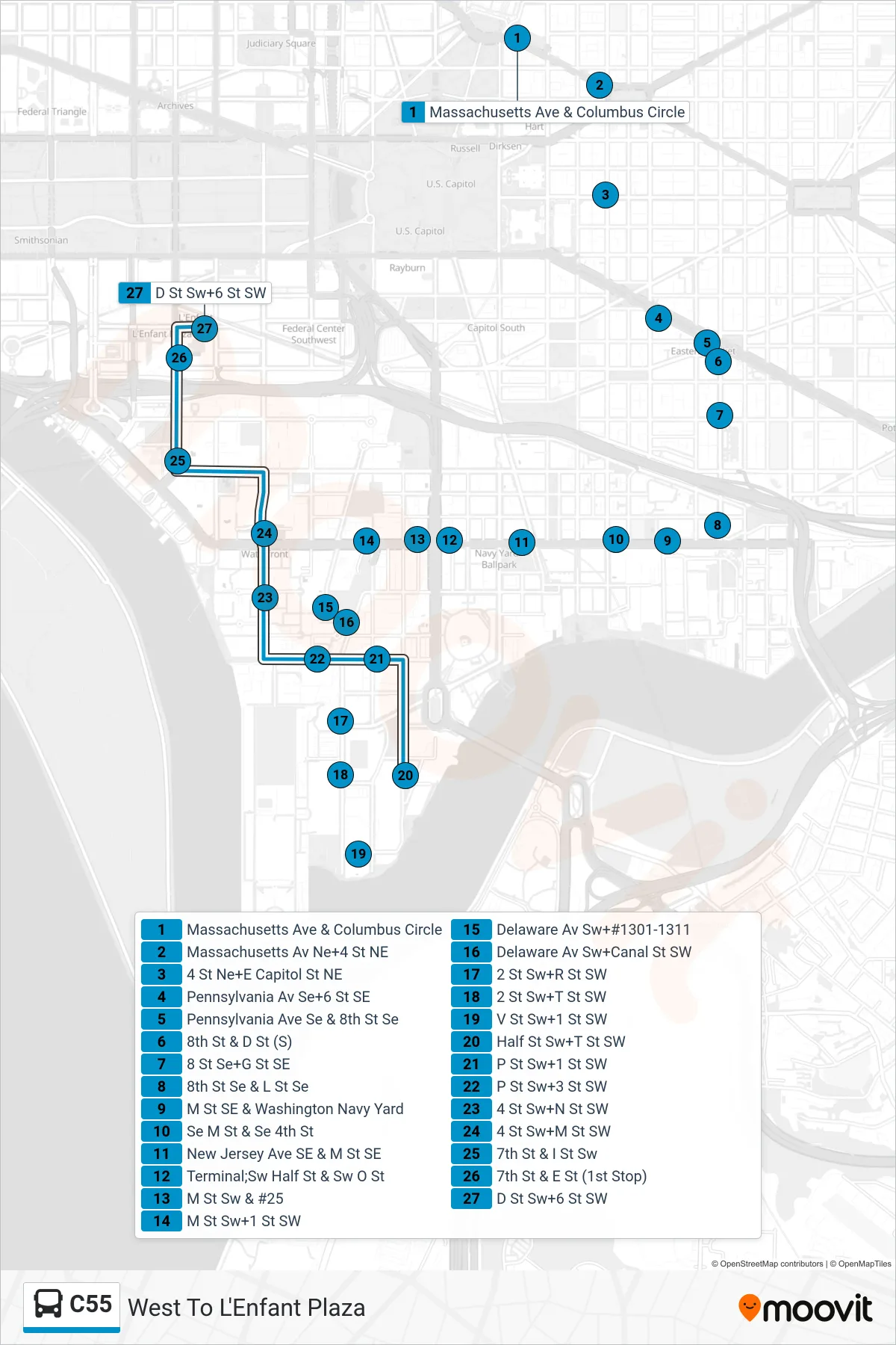 C55 bus Line (West To L'Enfant Plaza) route and stops on a map