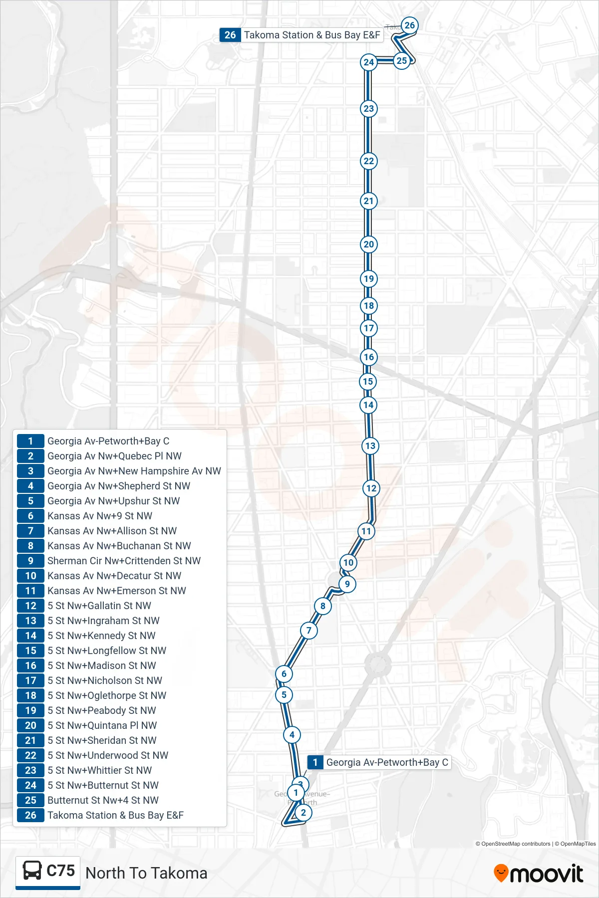 C75 bus Line (North To Takoma) route and stops on a map