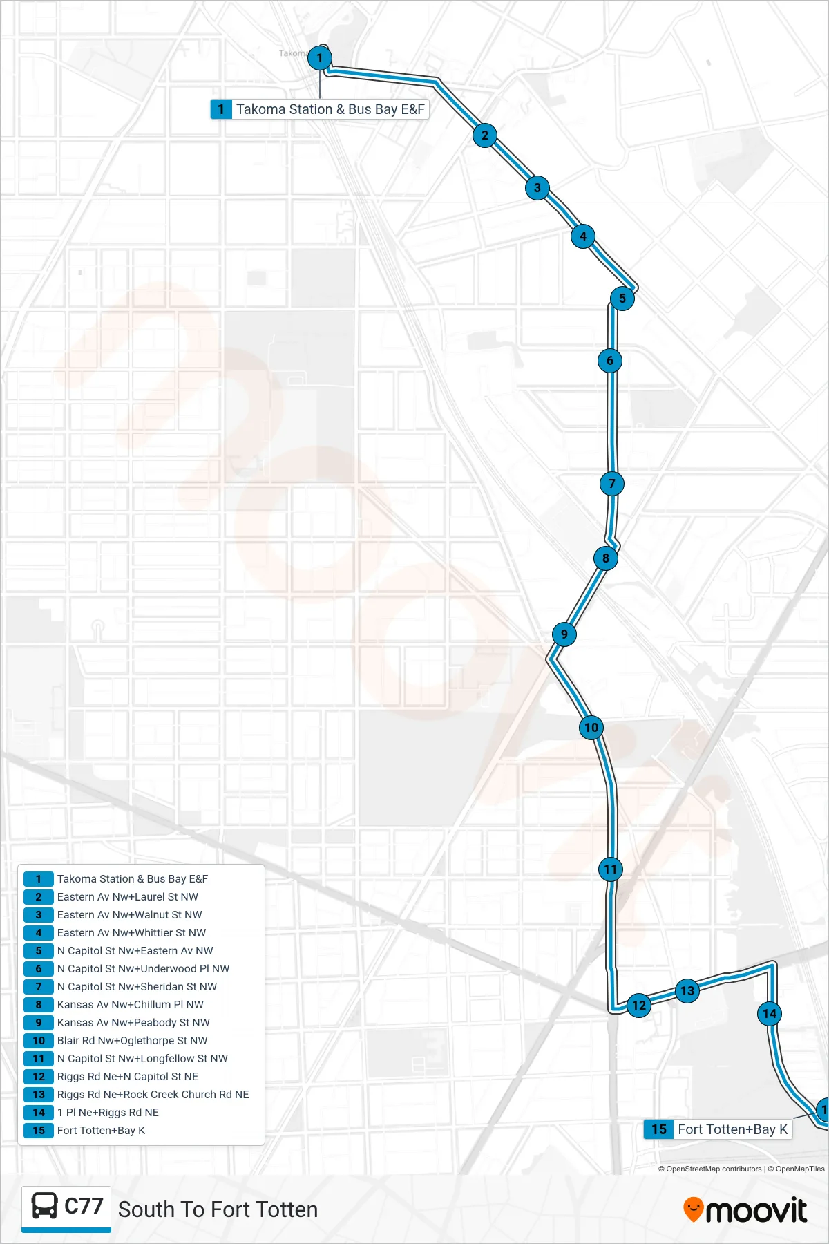 C77 bus Line (South To Fort Totten) route and stops on a map