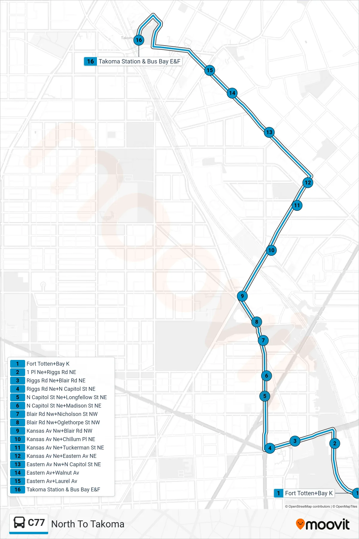 C77 bus Line (North To Takoma) route and stops on a map