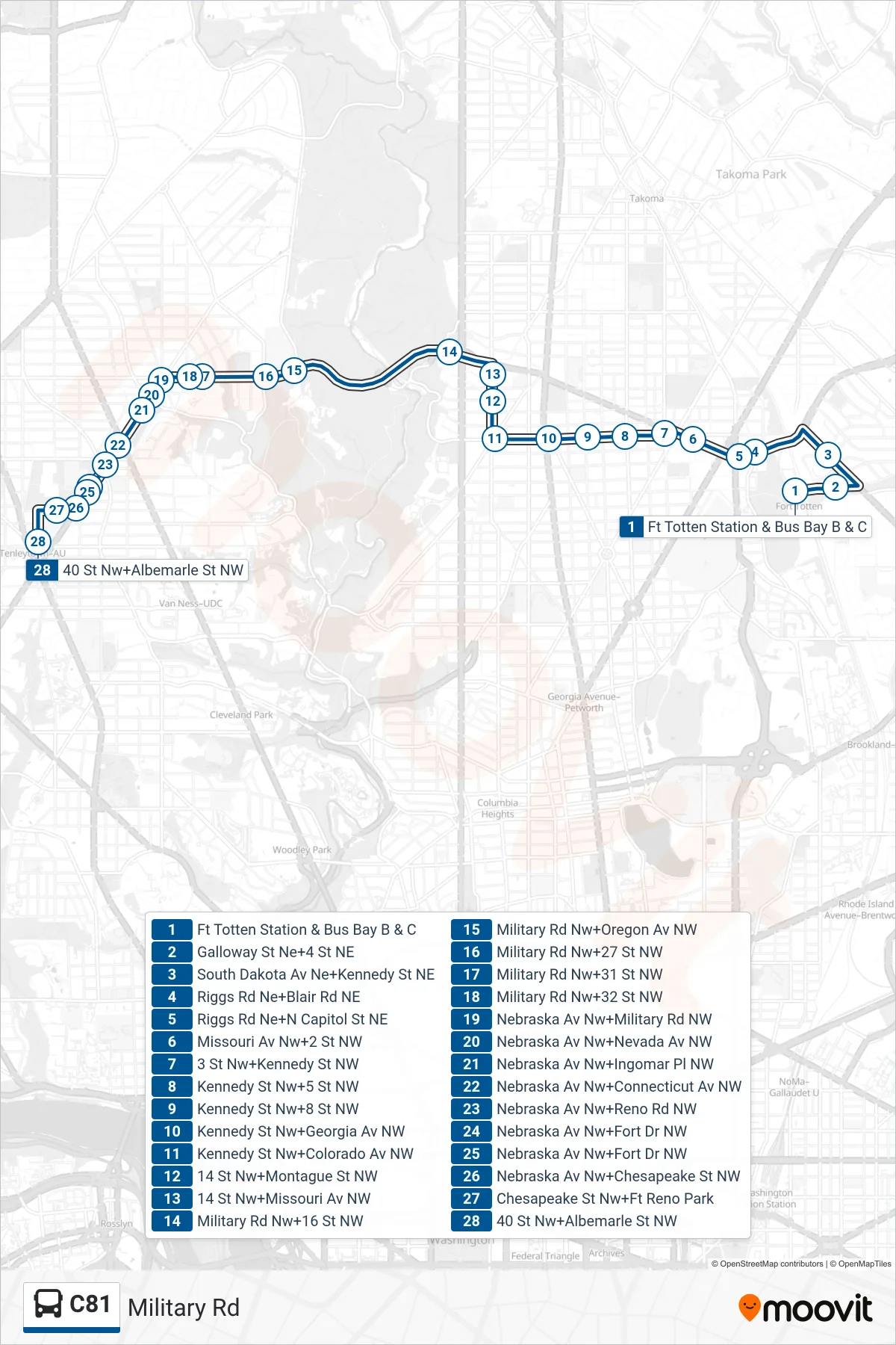 C81 bus Line (West To Tenleytown) route and stops on a map