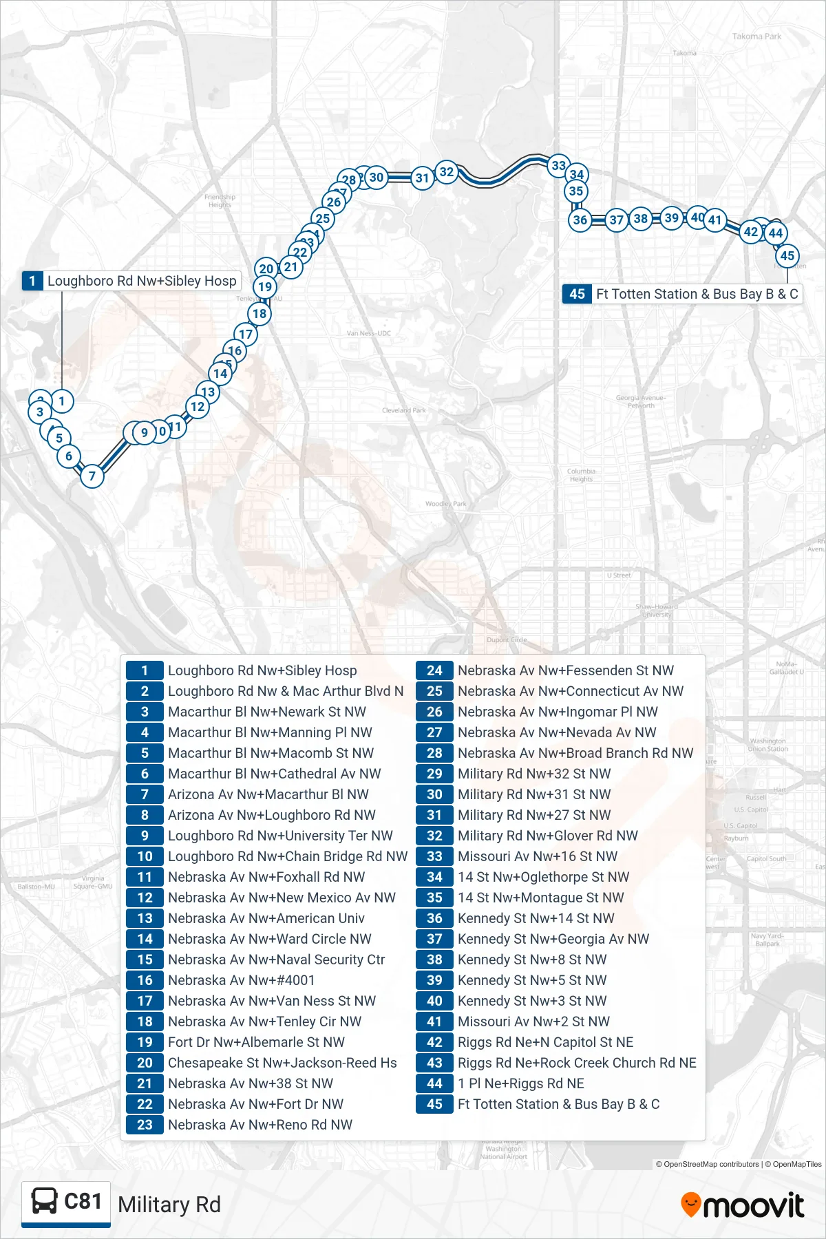 C81 bus Line (East To Fort Totten) route and stops on a map