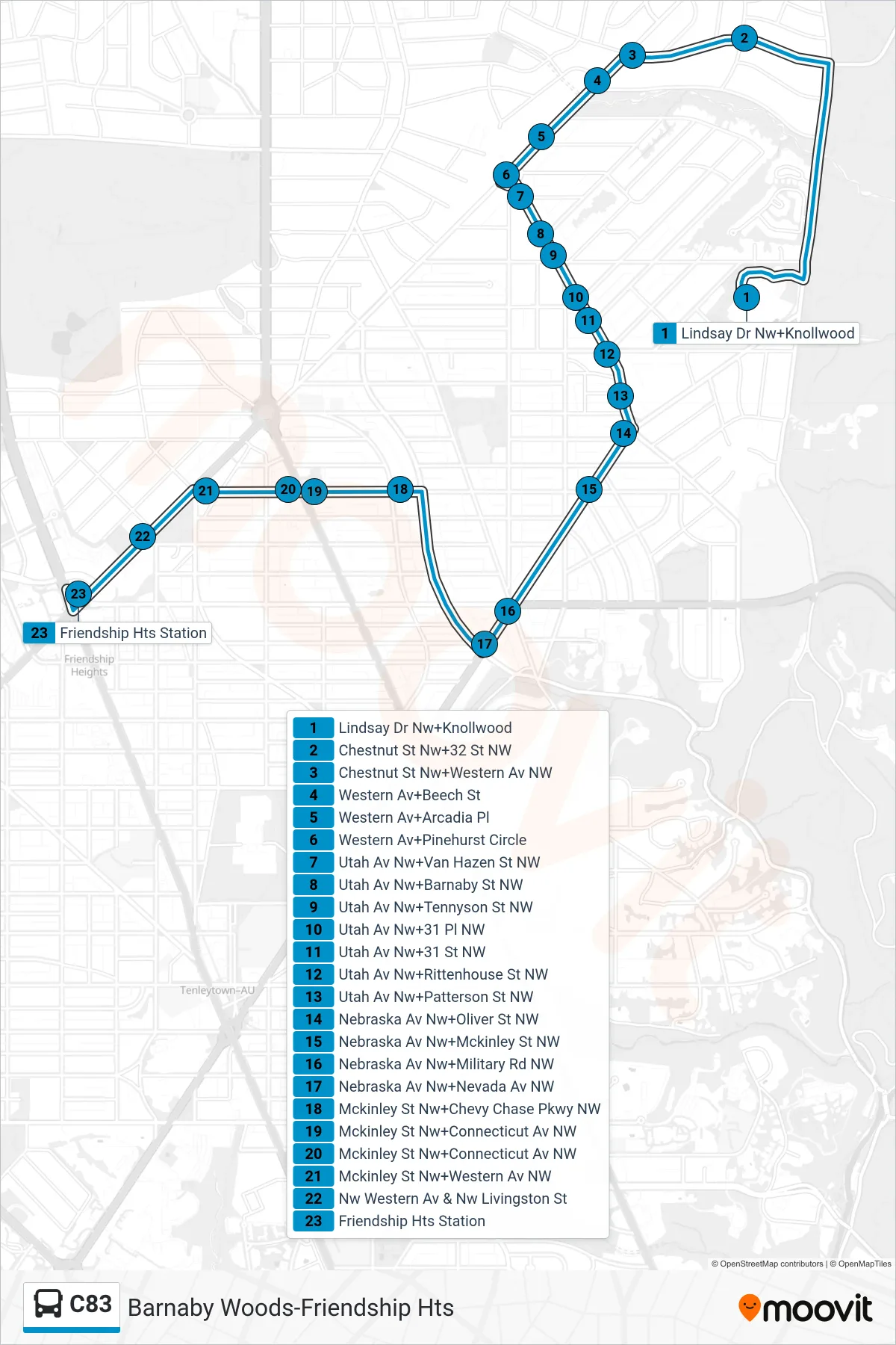 C83 bus Line (West To Friendship Hts) route and stops on a map