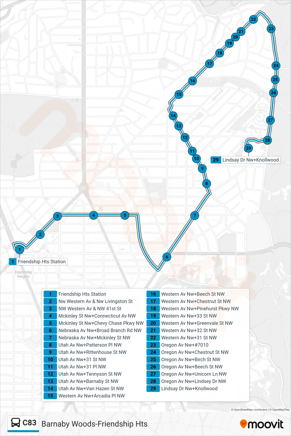 C83 bus Line (East To Barnaby Woods) route and stops on a map