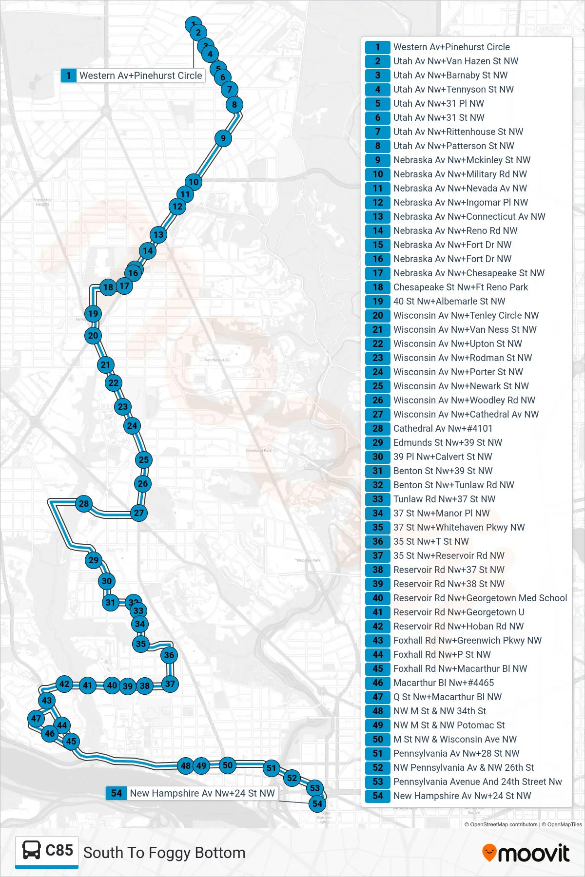C85 bus Line (South To Foggy Bottom) route and stops on a map