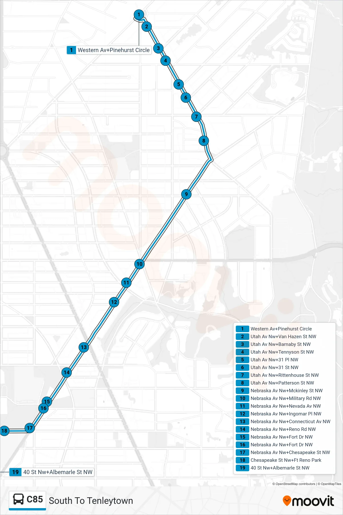 C85 bus Line (South To Tenleytown) route and stops on a map