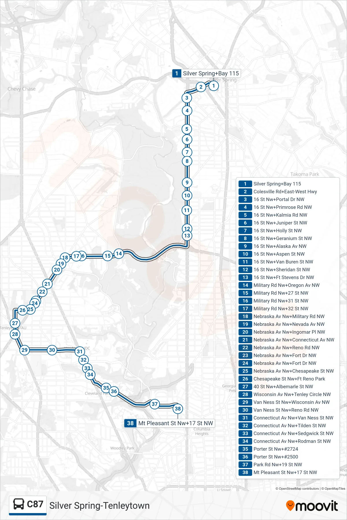 C87 bus Line (South To Mt Pleasant) route and stops on a map