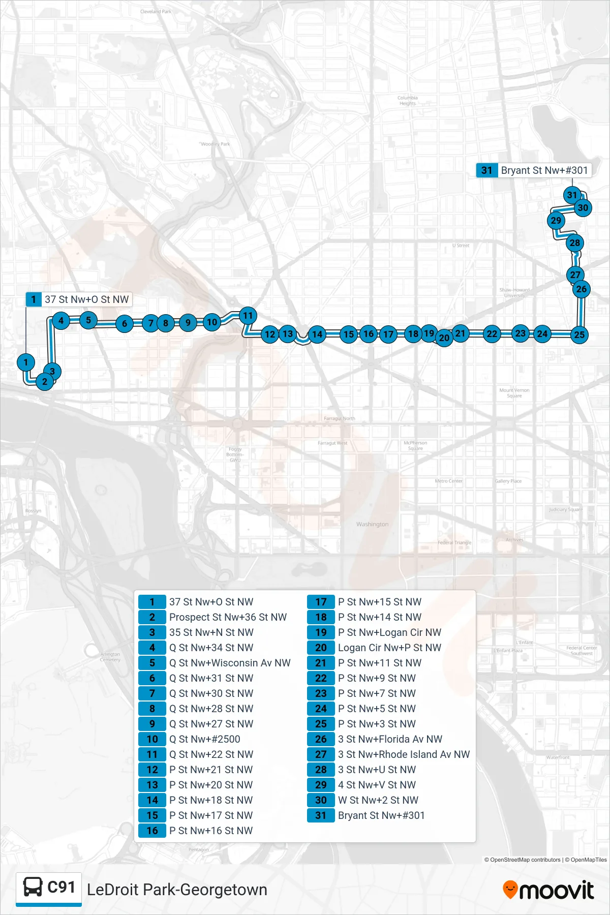 C91 bus Line (East To Ledroit Park) route and stops on a map