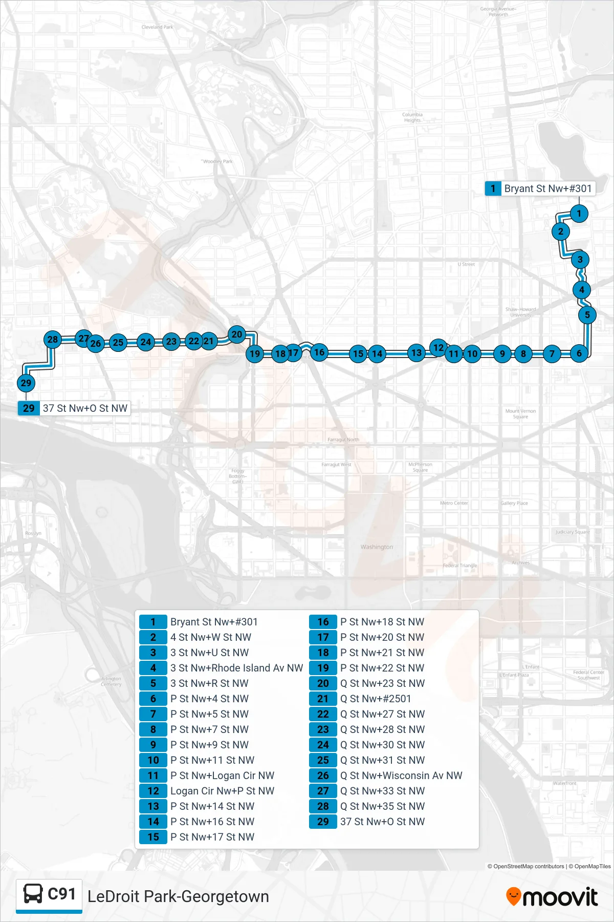 C91 bus Line (West To Georgetown) route and stops on a map